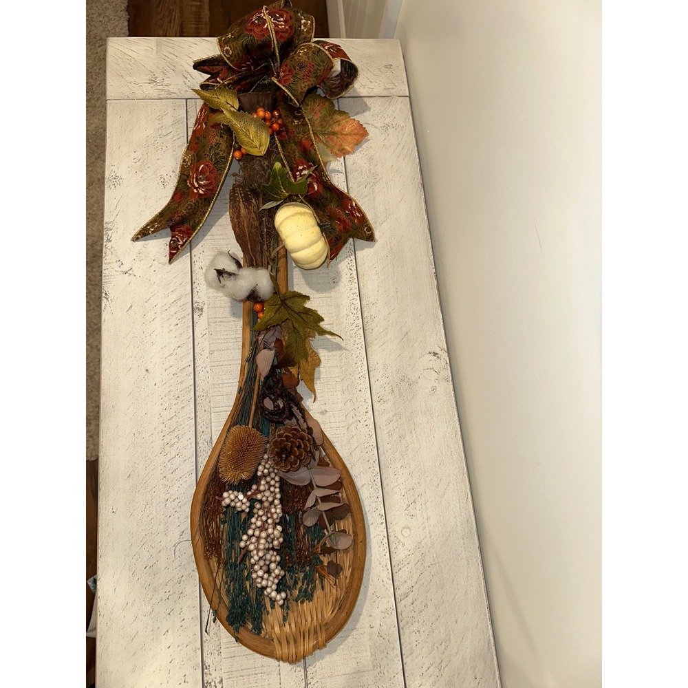 Vintage Wicker Spoon Wall Hanging Fall Autumn Decor Pumpkin Pinecone 30 Inch